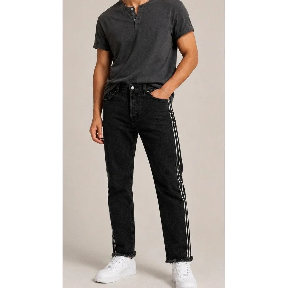 Forever 21 Men Black Side Stripe Raw Hem Slim Jeans Size 32 Button Fly